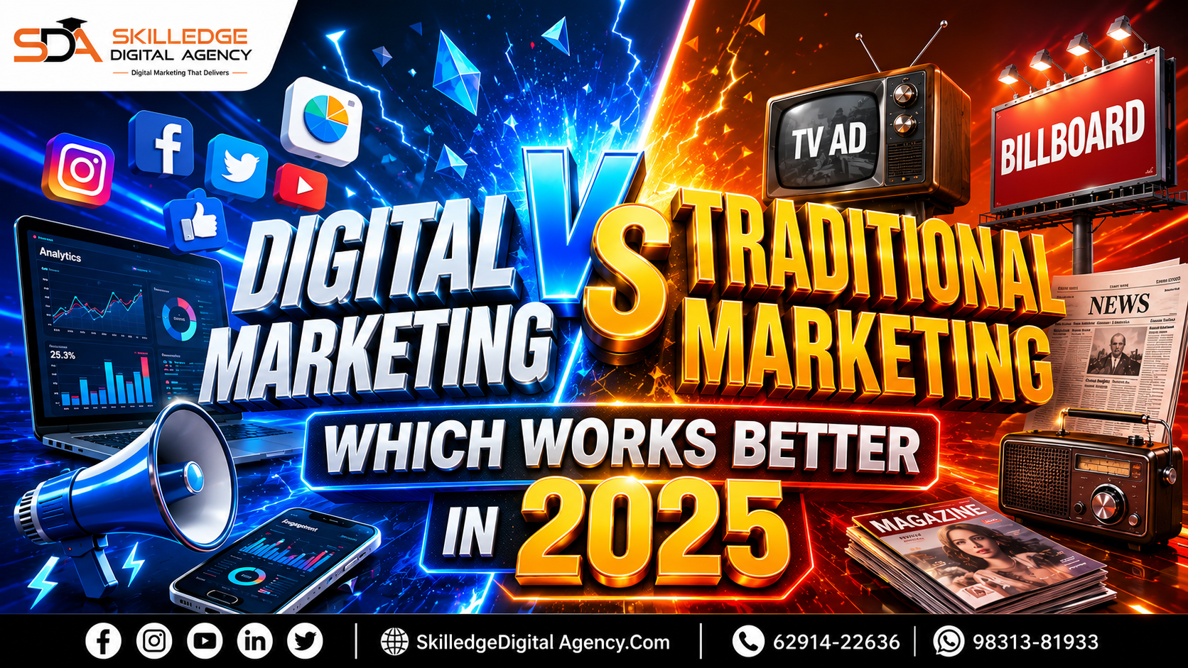 Craft A high-impact, professional horizontal video thumbnail (1536x864) for [Topic: Digital marketing vs traditional marketing: which works better in 2025 ]. The design features a vibrant, multi-color background Electric Gold #FFD400 Jet Black #050505 Pure White #FFFFFF Electric Blue #2563FF Midnight Navy #071A52 Crimson Red #FF1744 Emerald Glow #00C977 Neon Lime #7CFF00 Vibrant Orange #FF6A00 Ultra Violet #7A00FF Hot Magenta #FF00A8 Laser Cyan #00E5FF Vibrant light trails, luminous polygon shards, and immersive 3D surface details form a premium tech-inspired environment that instantly grabs attention. Central Focus: In the middle, Massive extruded 3D lettering with beveled metallic edges, glossy reflections, and dramatic depth reads "[Main:Digital marketing vs traditional marketing: which works better in 2025 ]" using a clean, thick sans-serif font with a slight metallic sheen. Surrounding the text are high-quality 3D floating elements specific to [TopicDigital marketing vs traditional marketing: which works better in 2025 ]. Branding & UI: In the top-left corner, place a small, high-quality "Skilledge Digital Agency" logo as a subtle watermark. At the very bottom, feature a clean row of minimal white icons for Facebook, Instagram, YouTube, LinkedIn, and Twitter, followed by the URL "SkilledgeDigital Agency.Com" 62914-22636 & 98313-81933. Style: 8k resolution, cinematic lighting, sharp focus, clean composition, professional digital marketing aesthetic. 