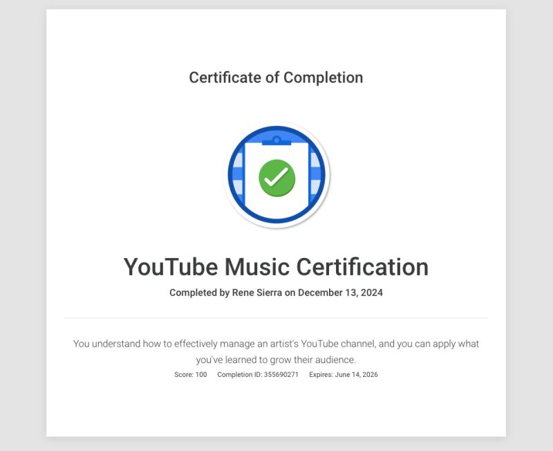 youtube music certification